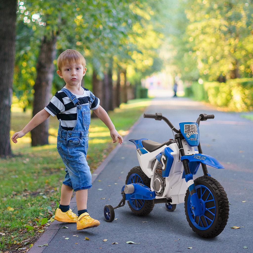 Moto per Bambini, Moto Elettrica, Autonomia 45 Minuti, con Rotelle Ausiliarie, da 3 Anni, Blu+Bianco, 106,5 x 51,5 x 68cm
