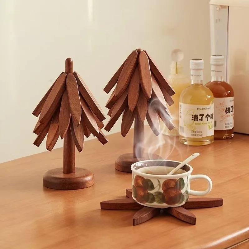 4PCS Wooden Trivets for Hot Dishes Folding Tree Shape Design Anti Scald Heat Resistant Table Mat Set Coaster Wood Placemats Pot