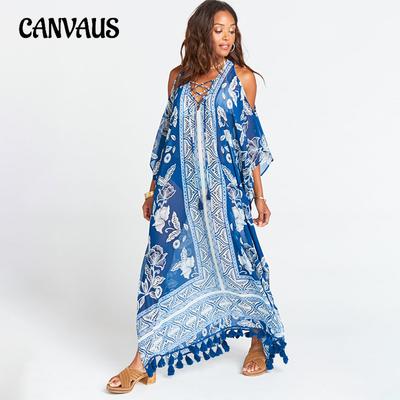 Copricostume estivo da spiaggia per donna, taglie forti, con stampa, nappe, sexy, senza spalline, bikini esterno