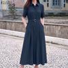 ZANZEA Women Casual Turn Down Collar Solid Color Loose Half Sleeve Long Dress