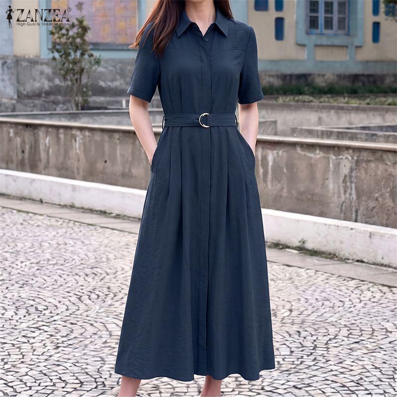 ZANZEA Women Casual Turn Down Collar Solid Color Loose Half Sleeve Long Dress