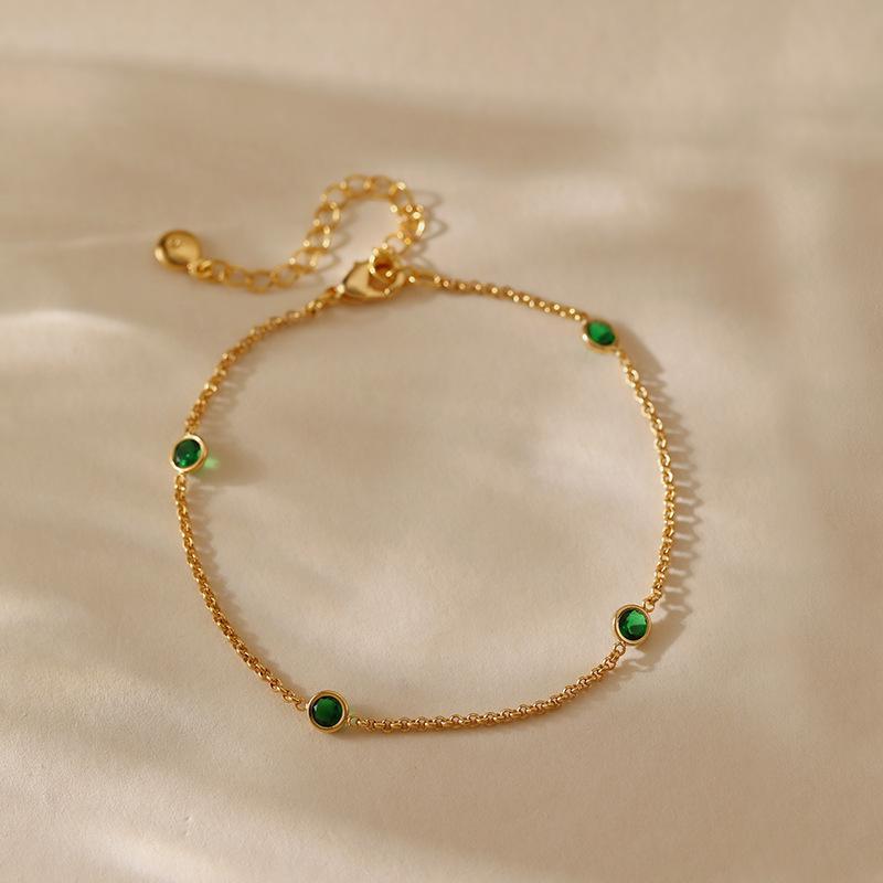 Womens Minimalist Thin Chain Emerald Zircon Stackable Bracelet