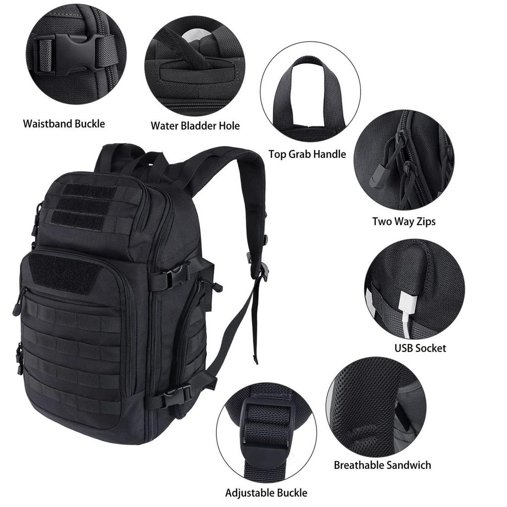 [FOCUHUNTER] 40L Tactical Backpack, Waterproof, Shockproof, MOLLE Compatible, USB Charging Port, Rucksack, Hiking Backpack, Survival Game, Hiking,