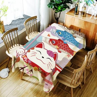 Tischdecke mit Cartoon-Glückskatze und Fisch-Druck im japanischen Stil, wasserdichte Tischdecke aus Polyester für Hochzeitsfeiern