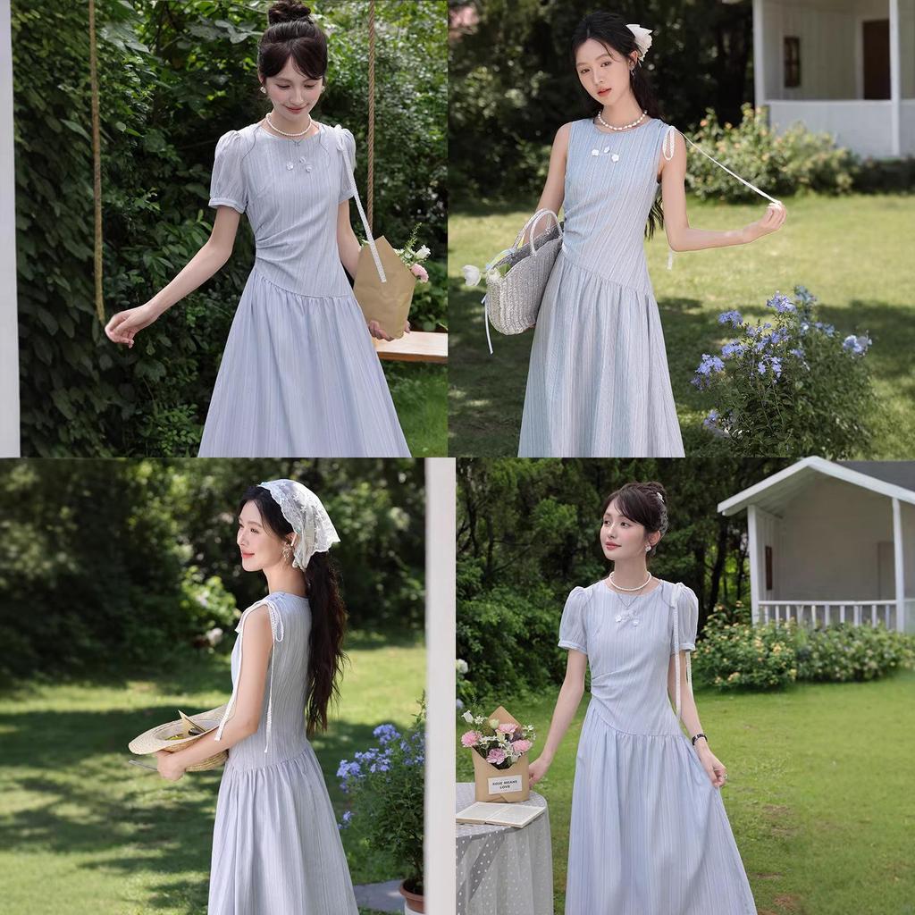 Women's French Blue Elegant Summer Long Dress with Slimming Waist Design