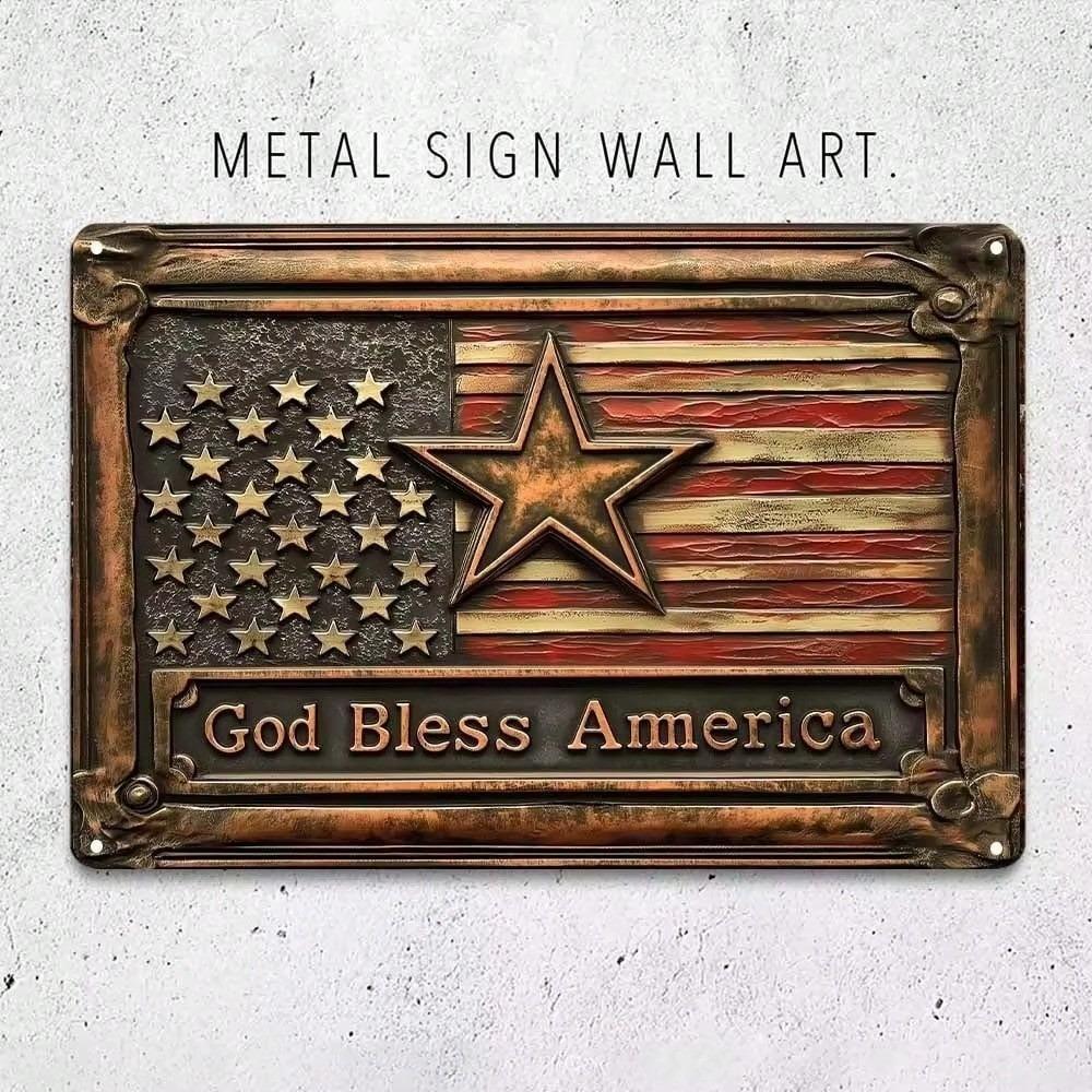 Vintage America Tin Sign Patriotic Red Blue Metal Wall Decor Home Garden Memorial
