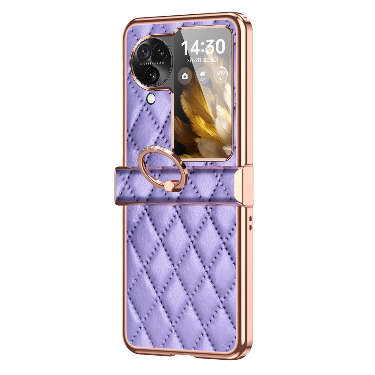 

For Oppo Find N3 Flip 5G PU Leather Coated PC Case Electroplating Rhombus Pattern Kickstand Phone Cover Purple