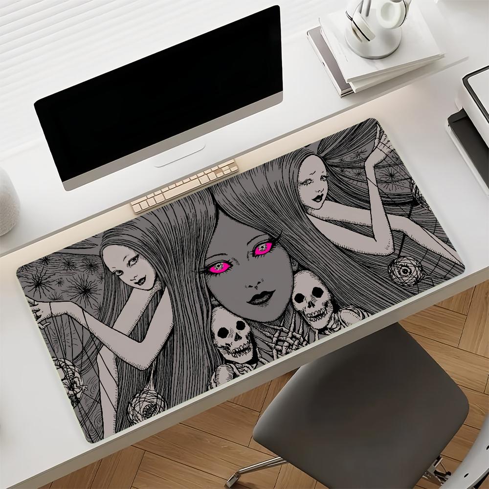 Antislip Gaming Desk Mat with Stitched EdgesVintage Horror Manga Style Spiral Girl Face Design Large Mouse Pad for Home Office