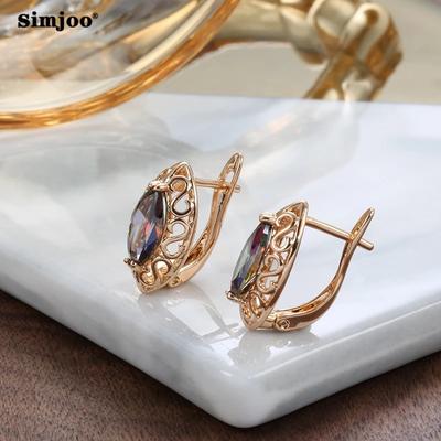 SIMJOO Fashion Geometric Zircon Earrings Rose Gold Multicolored Gemstone Earrings