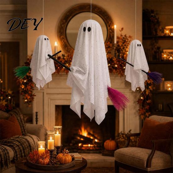 Halloween Hanging Ghost Decorations 3 Pcs Decorations, Spooky with Broom, Lighted Yard Ornaments Large Flying White for Tree Porch Patio Decor Ceiling