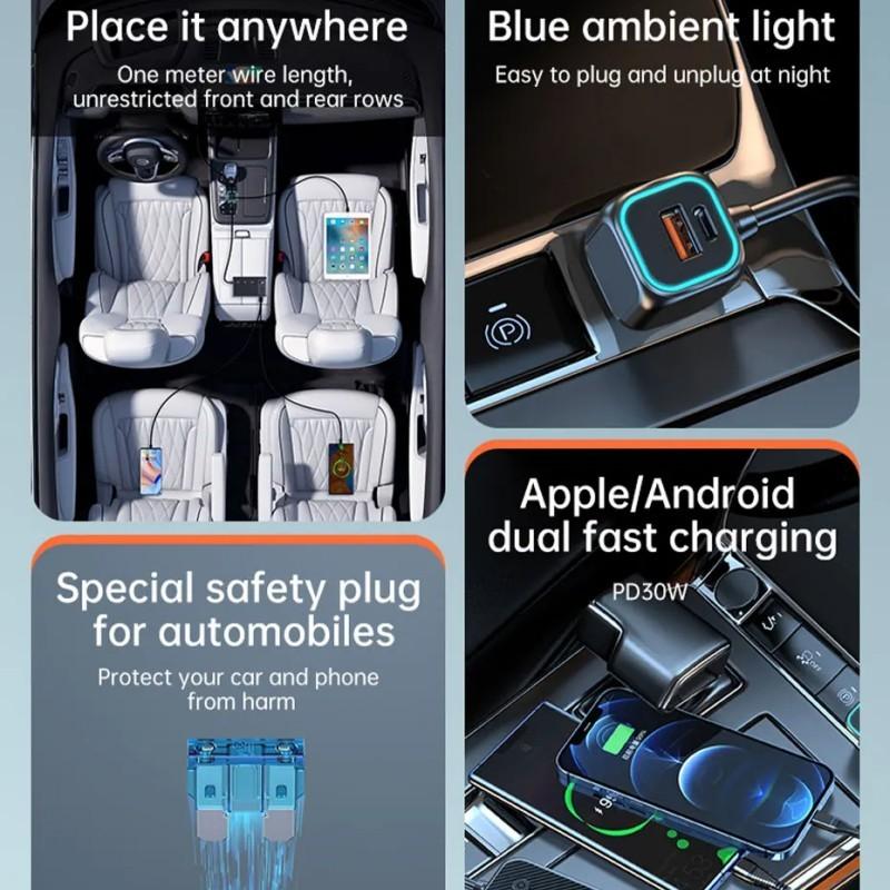 128W Car Charger Adapter 9 Port 4 USBQuick Charging PD 30W/QC 3.0 12V/24V DC Car Phone Charger for Huawei Xiaomi Samsung