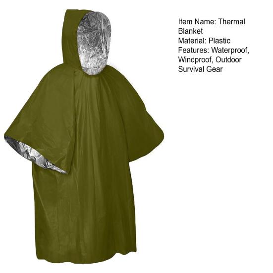 Noodoverlevingsponcho met thermische capuchon, draagbare outdoor deken met waterdichte en winddichte folie, ideaal voor kamperen, wandelen en reizen.