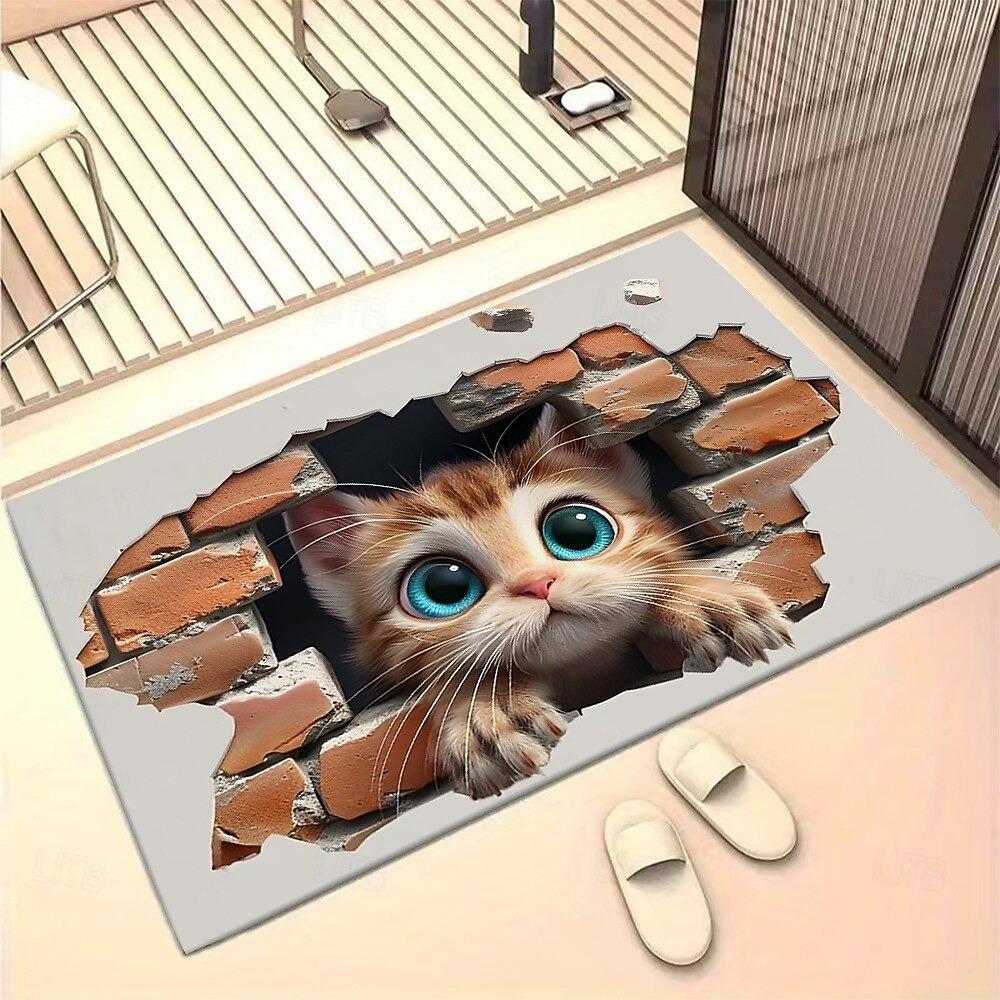 

3D Иллюзия Котенок Коврик для Двери 2D Печать Кошки, Заглядывающей Сквозь Кирпичную Стену для Игривого Причудливого Прихожей Ковер Идеально для Любителей Кошек 40cm x 60cm