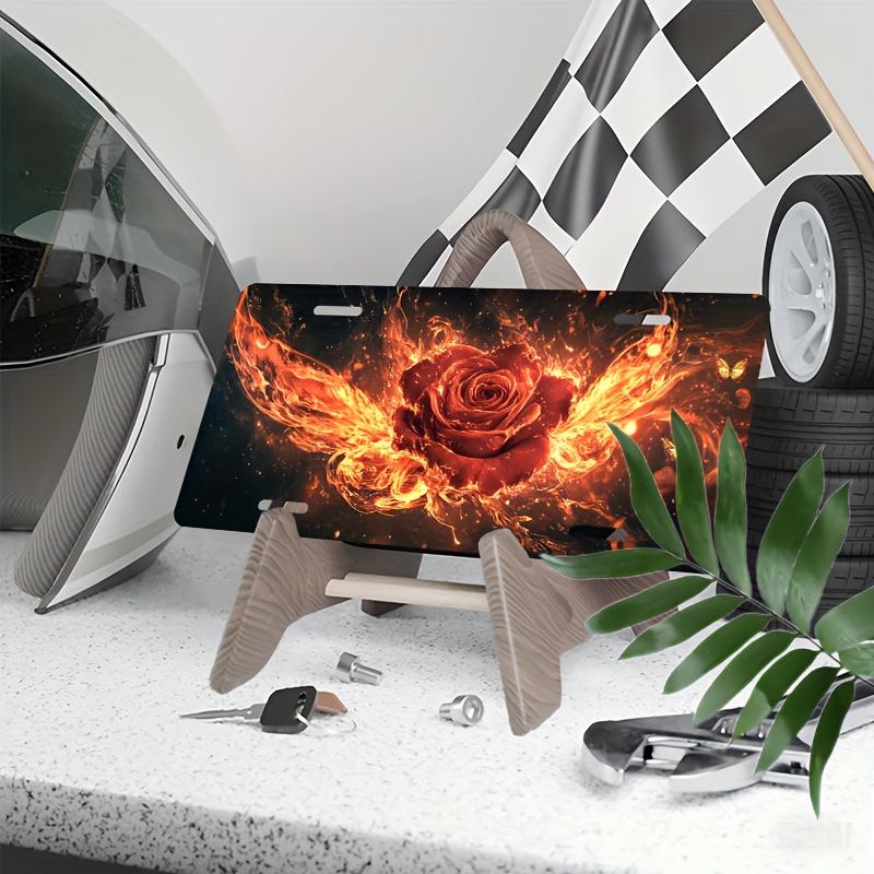 D Flat Car Plate Cover and FrameDecoration OnlyFlaming Rose and Butterfly Decorative Front CoverDecorative License Plate