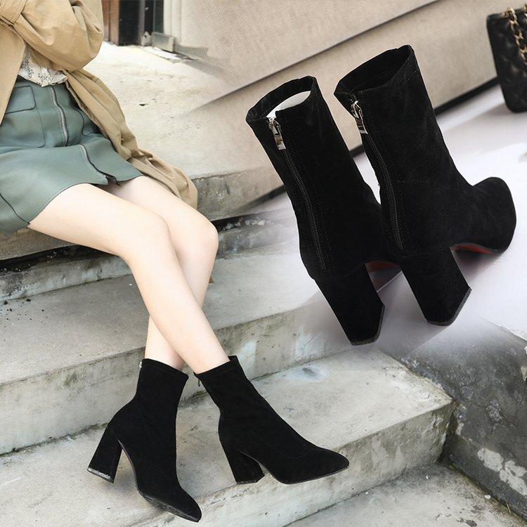 Women Pointed Toe Ankle Boots Stretchy Suede Block High Heel Booties Back Zipper Elegant Party Daily Short Boots For Ladies