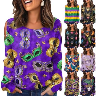 Women's Winter Oversized T-Shirt Fashionable Off-the-Shoulder Round Neck Vintage Floral Print Pullover Long-Sleeved Top