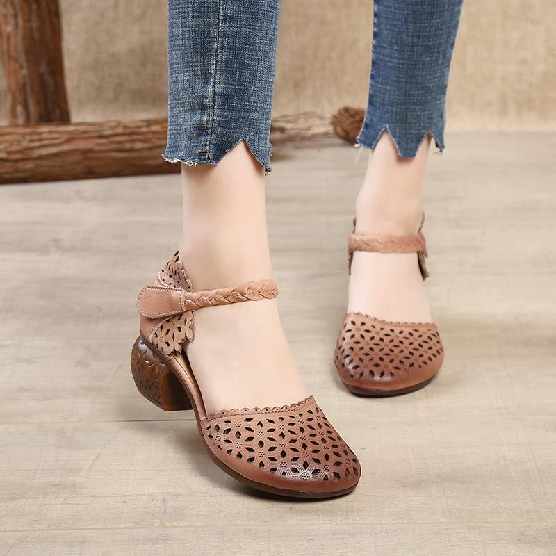 Fashion GKTINOO Genuine Leather Women Sandals Summer Shoes 5CM High Heels Retro Women Shoes 2025 Hollow Out Sandals