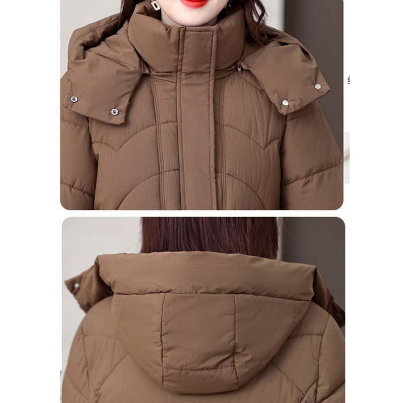 Winter Women Medium To Long Cotton Jacket Thickened Warm Casual Stand Collar Hooded Parker Coat Solid Color Warm Cotton Jacket