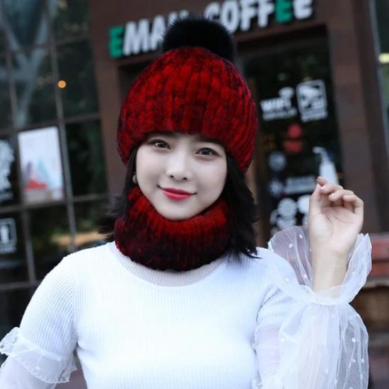 

Женская теплая шапка-шарф из натурального кроличьего меха рекс, зимний вязаный комплект шапок и шарфов из натурального меха, женская модная толстая шапка из кроличьего меха рекс Good elasticity красный