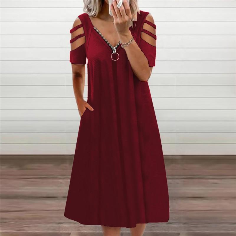 

European American New Sexy V-neck Zipper Short-sleeved Dress Women XL вина червоного кольору