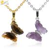 Bergkristall-Halskette Schmetterlings-Halsketten Naturstein Amethysten Klarer Quarz Tigerauge Anhänger Edelstahlkette H158