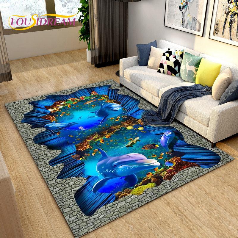 3D Seabed Illusion Underwater World Dolphin Shark Area Rug,Carpet Rug for Living Room Bedroom Sofa Doormat,Non-slip Floor Mat