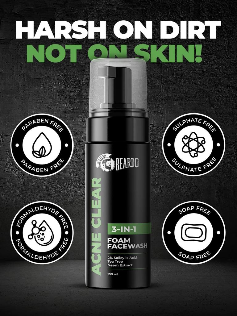 Beardo Acne Clear Foam Face Wash 100ml Pack of 1 | 3-in-1 Anti Acne Face Wash for Men with Salicylic Acid