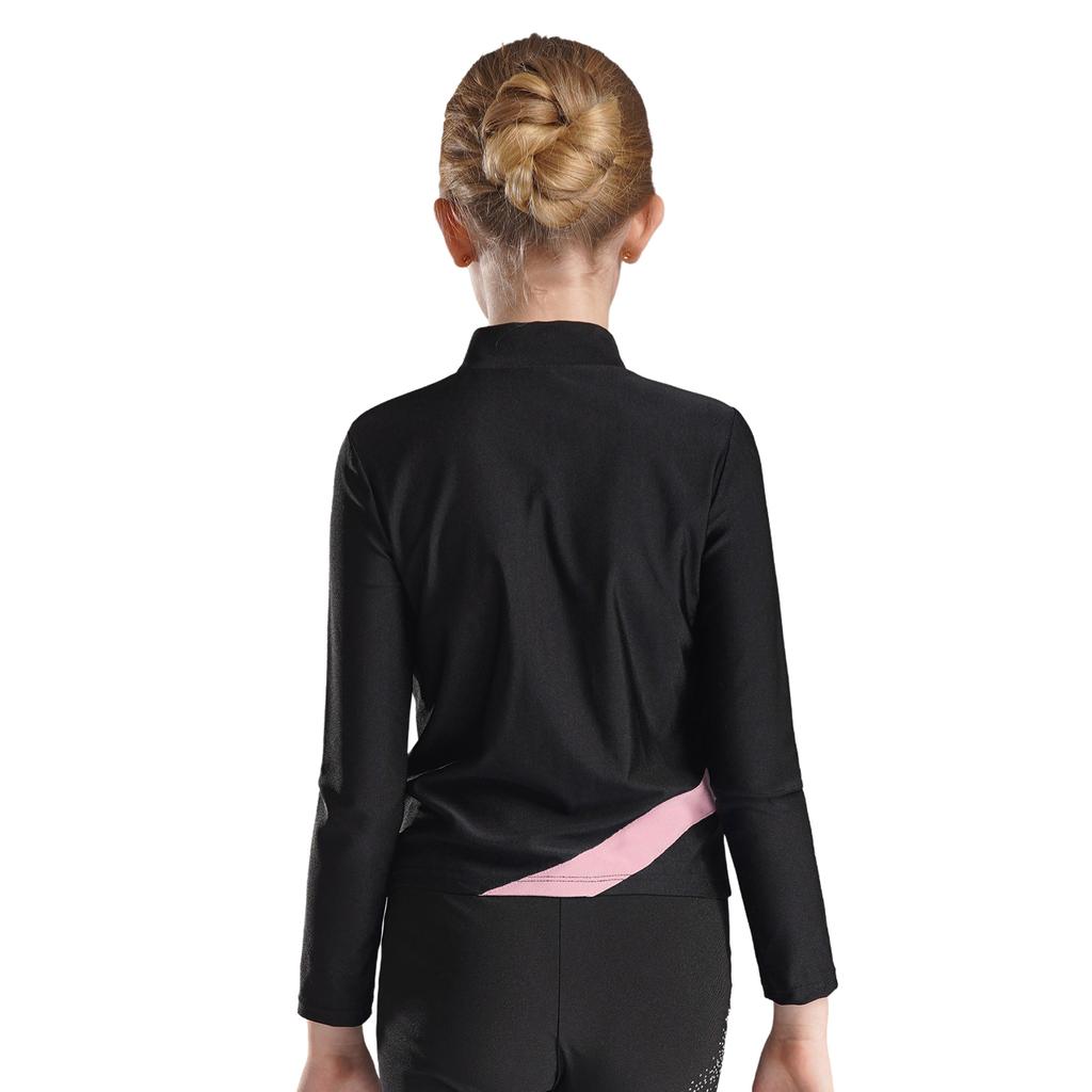 Girls Shiny Rhinestone Star Sports Top Contrast Color Long Sleeve Stand Collar Zipper Sweatshirt Gymnastics Wear