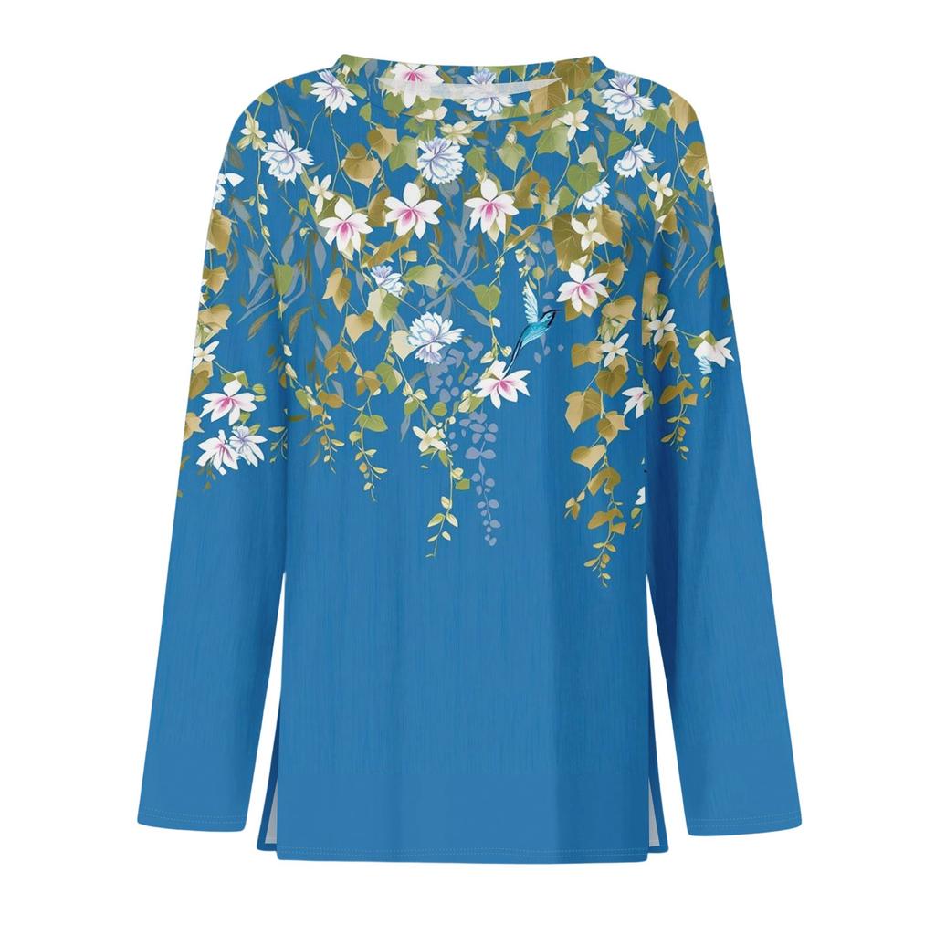 Dames casual T-shirt met split aan de zoom, ronde hals, lange mouwen en losse print.