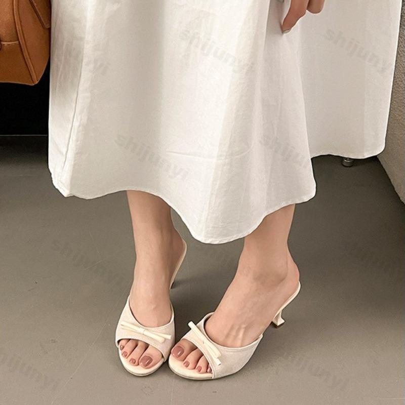 Fashion Elegant Bow Designed Casual Slippers for Women 2025 Summer New Open Toes Breathable Comfortable Sandals Slim Heel Beach Draggers
