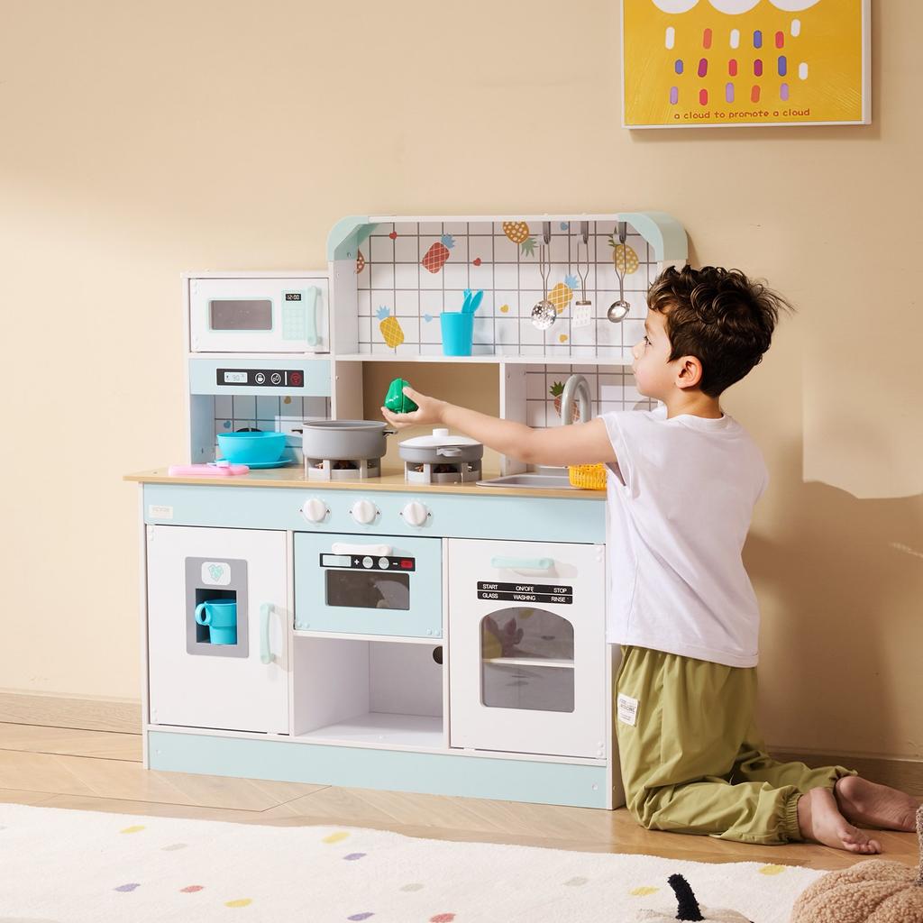 VEVOR Cucina Giocattolo per Bambini, Set Cucina Giocattolo in Legno con Luci e Suoni, Cucina per Bambini Piccoli con Dispenser di Ghiaccio, Forno, Lavello, Microonde