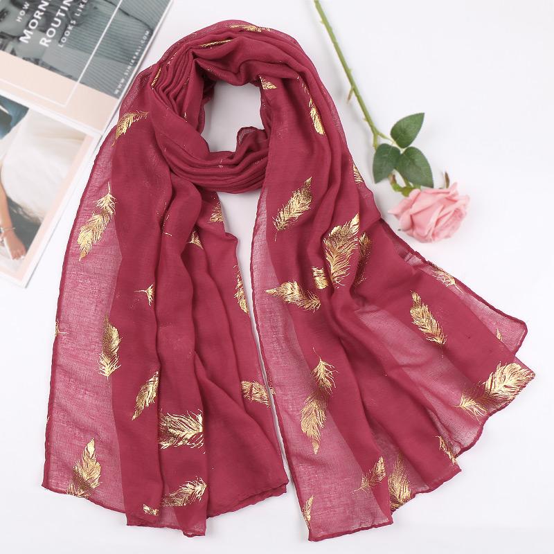Bronzing Feathers Cotton Hijab Scarf For Muslim Woman Hijabs Shawl Viscose Soft Headband Ethnic Islam Turban Female Headscarf
