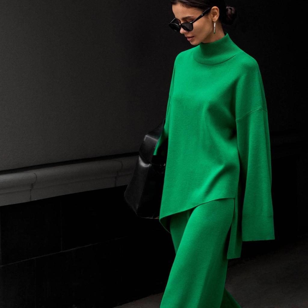 GMXIA Women's Half Turtleneck Sweater Set Irregular Bevelled Sweater + Knitted Wide Leg Pants Two Piece Set