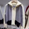 Contrasting Color Splicing Lapel Sweater Jacket Cardigan Women's New Design Double-ended Zipper Knitted Sweater Tide