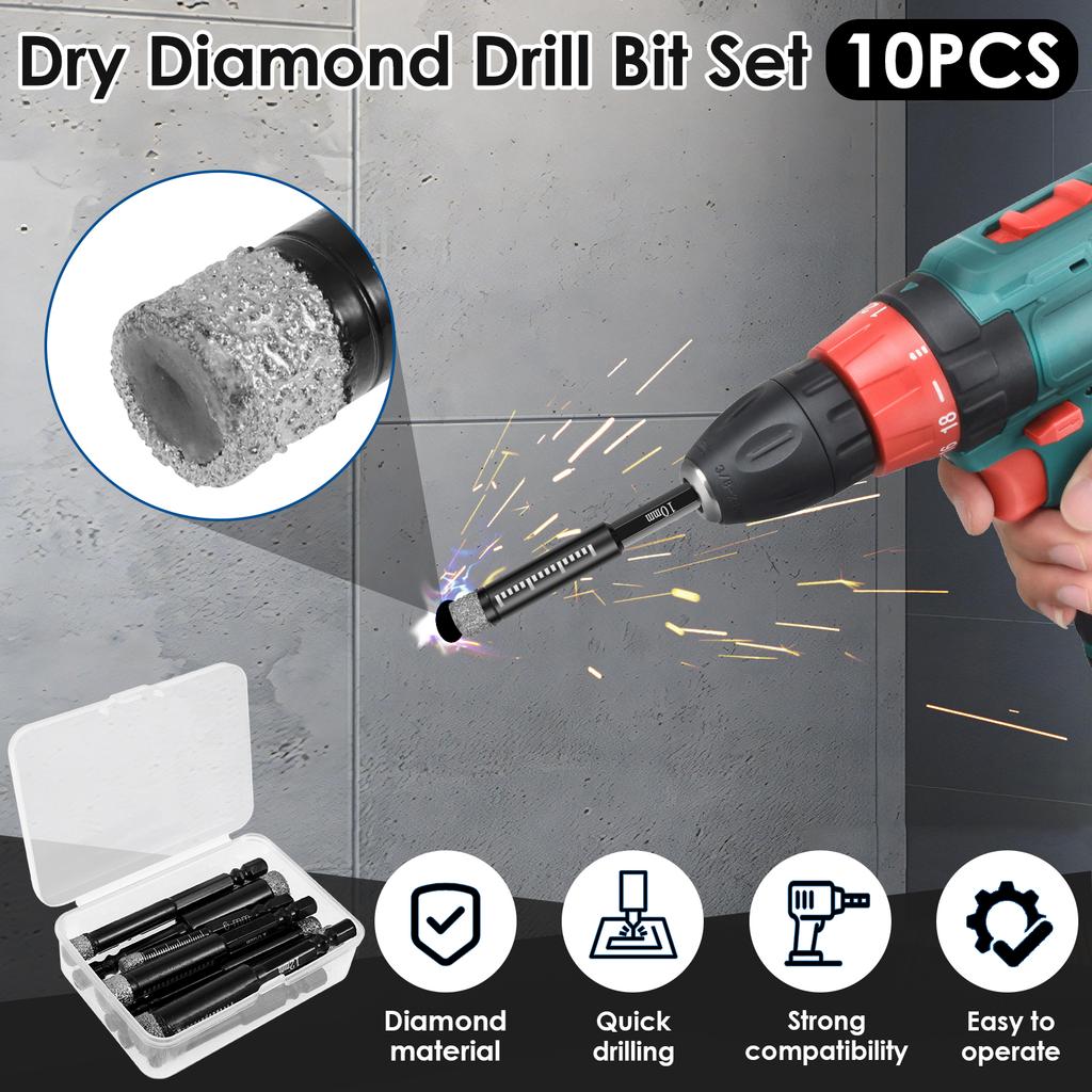 10Pcs Dry Diamond Drill Bit Set Diamond Tile Drill Bits Wear Resistant Carbide Drilling Tile Hole Saws Fast Drilling for Tiles