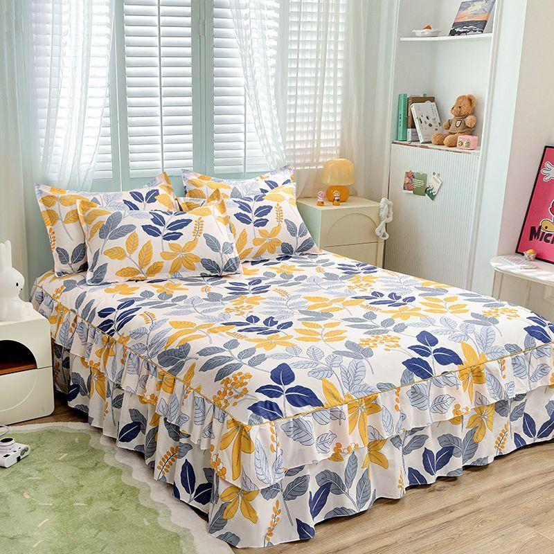 Floral Pattern Bed Skirt Set Mattress Anti Slip Protective Cover for Household Bedding Double Layered Skirt Dustproof Bed Cover