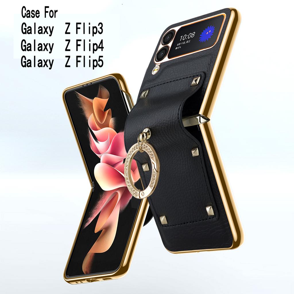 Z Flip6 Flip4 Flip5 Plating PC Ring Holder Orange Leather Mobile Phone Case for Samsung Galaxy Z Flip 7 5 Z Flip4 5 Cover Case