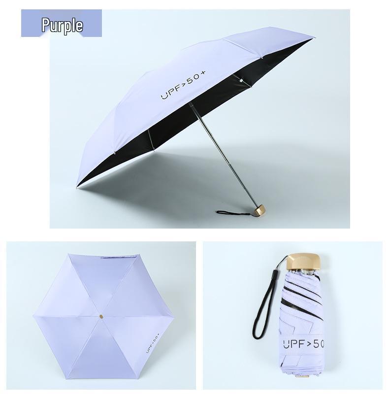 Mini skládací deštník odolný proti UV záření: 6 žeber, Lehký, Černé lepidlo, Kapslový design