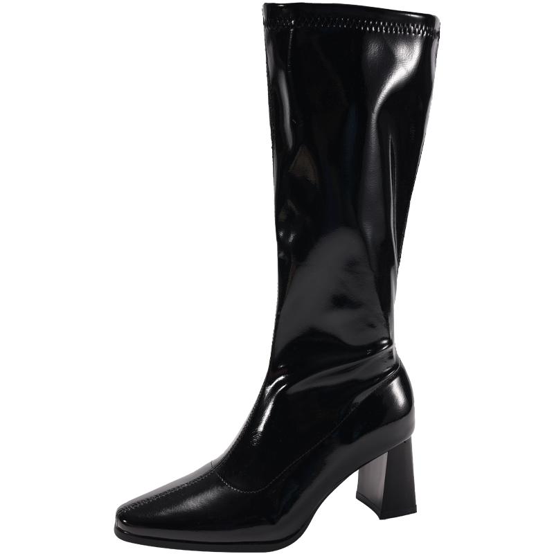 

Patent Leather Chunky Heel Single Boots Autumn New Square Toe Side Zip Anti-Slip Wear-Resistant Tall Boots 39 чорний