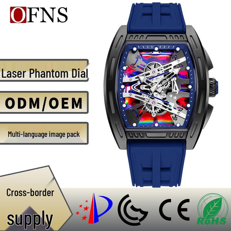 OFNS Men's Barrel-Shaped Quartz Watch with Silicone Strap, Luminous Skeleton Dial, Business Casual Style, 50M Waterproof.