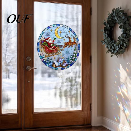 Festival Atmosphere Glass Cling Christmas Santa Sleigh Suncatcher Window Cling, Stained Style Static Sun Catcher Decal Sticker, Rainbow Film