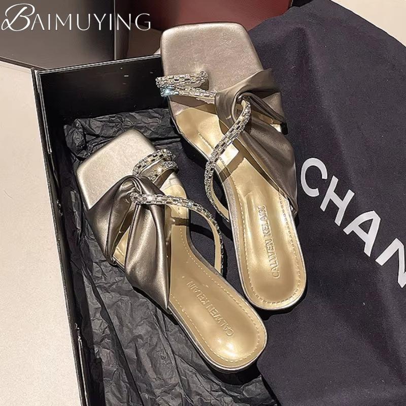 Luxury Crystal High Heels Slippers Women Clip Toe Sandals Square Toe Shoes 2025 Summer Flip Flops Sexy Chunky Shoes Woman Pumps