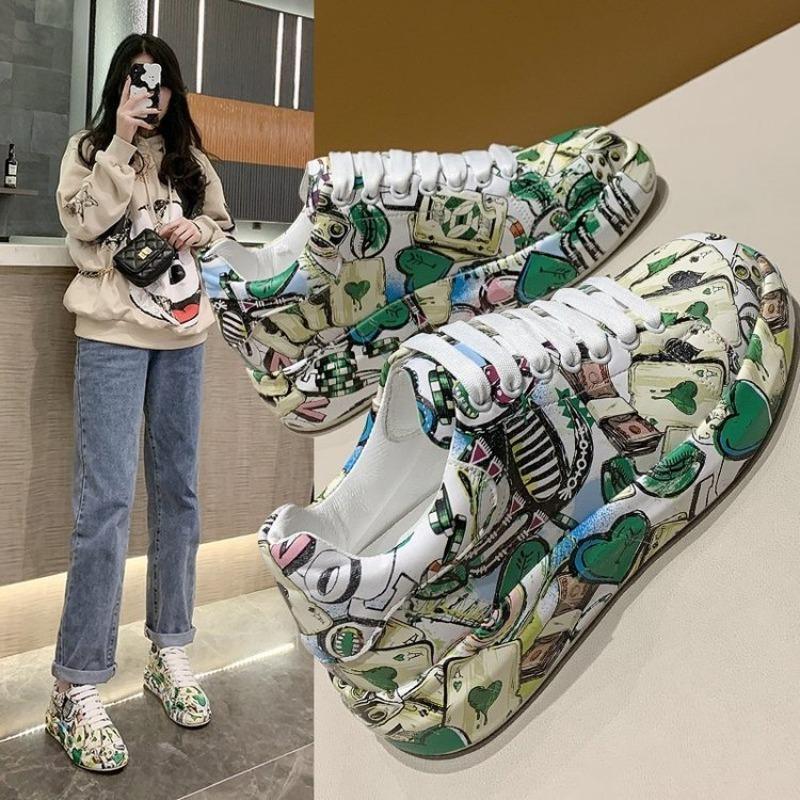 Damen-, Niedrig geschnitten, Freizeitschuhe, Graffiti-Druck, Sportschuhe, Schnürschuhe, Dicksohlig, Board-Schuhe