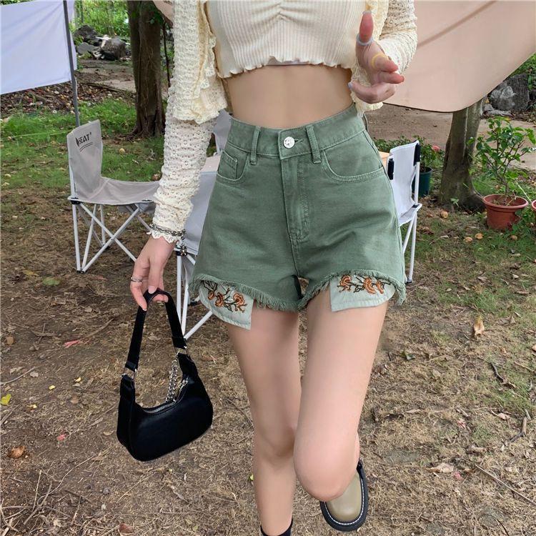 2024 Yaz Yeşil Yüksek Bel Geniş Paça Cepli Nakışlı Denim Şort - Çok Yönlü Büyük Beden