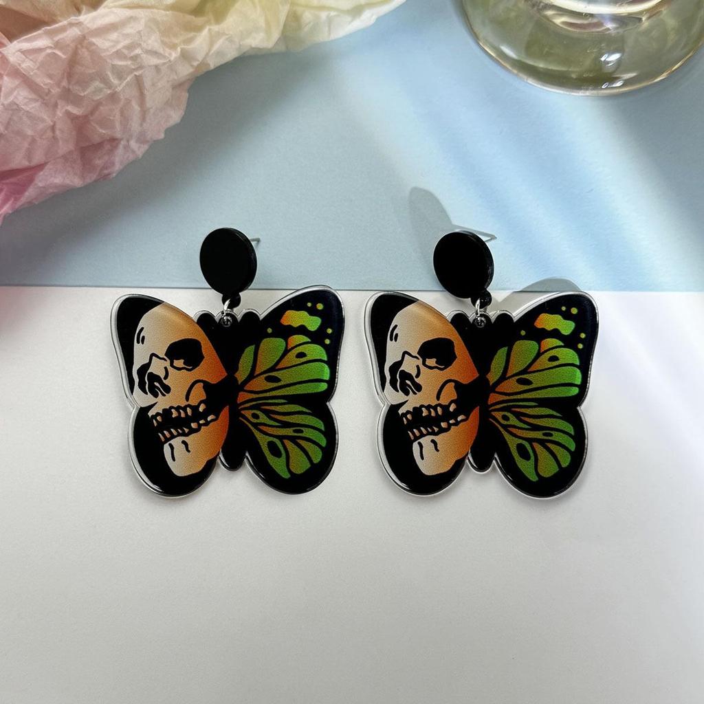 Silver Needle Butterfly Skull Acrylic Halloween Earrings for Women