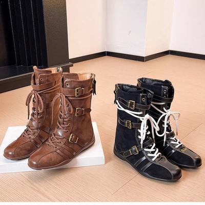 Niche Design Boxing Boots Women's Retro Style Heightening Martin Boots Lace-up Short Boots Mid-tube Western Boots German Training Boots