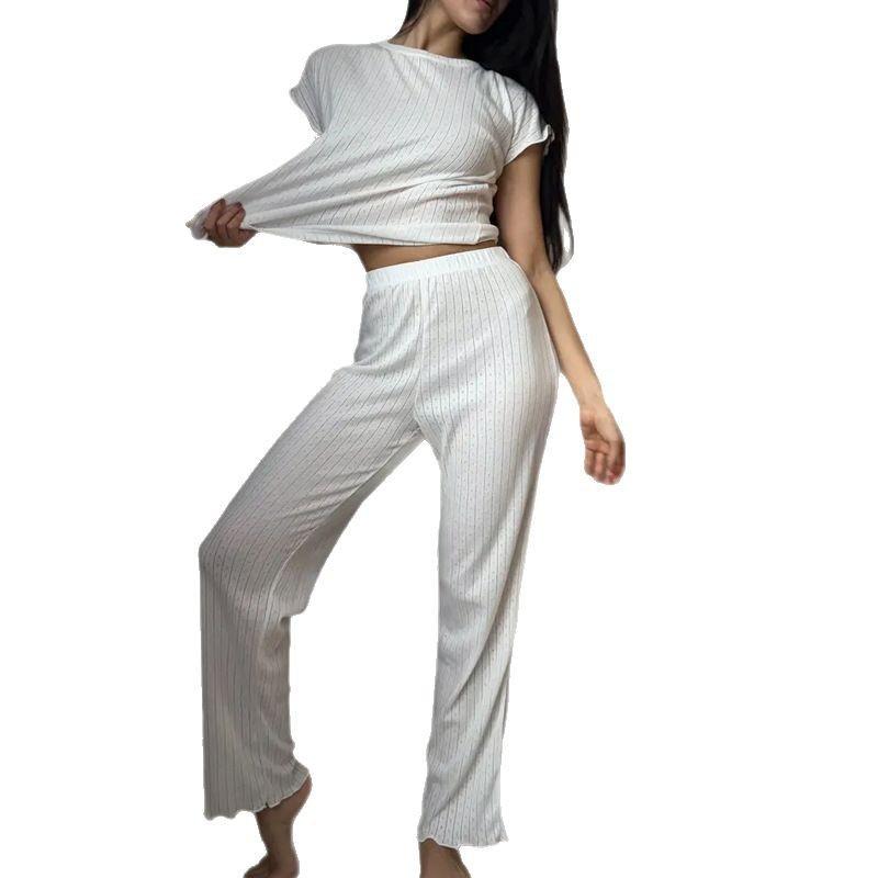 2026 Spring New Women Jacquard Pajama Set, Breathable Comfortable Short Sleeve & Long Pants Two-piece Loungewear S белый
