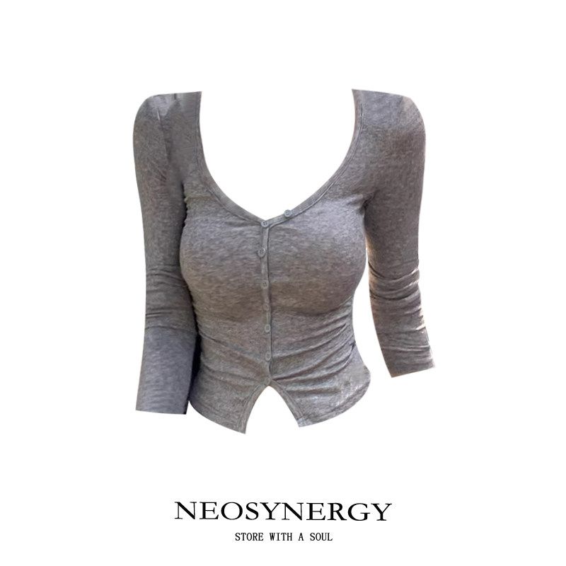 

Neosynergy Slightly Plump and Pure-Desirable Style V-Neck Buttoned Long-Sleeved T-Shirt 2026 Spring and Summer Sexy Slim Fit Versatile Top Floral Gray S