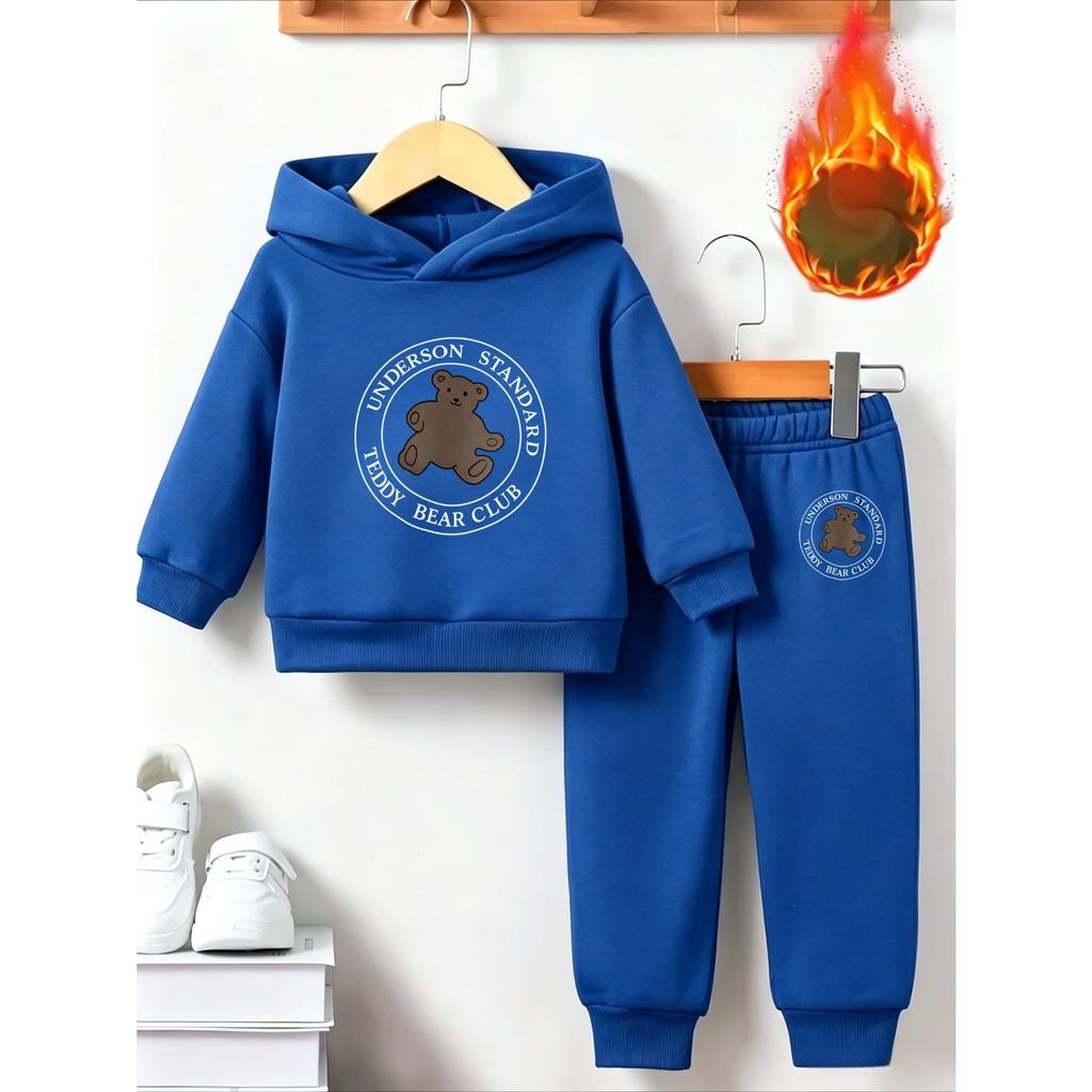 Classic bear print children's warm sports outfit with autumn/winter anime print - long-sleeved hoodie set