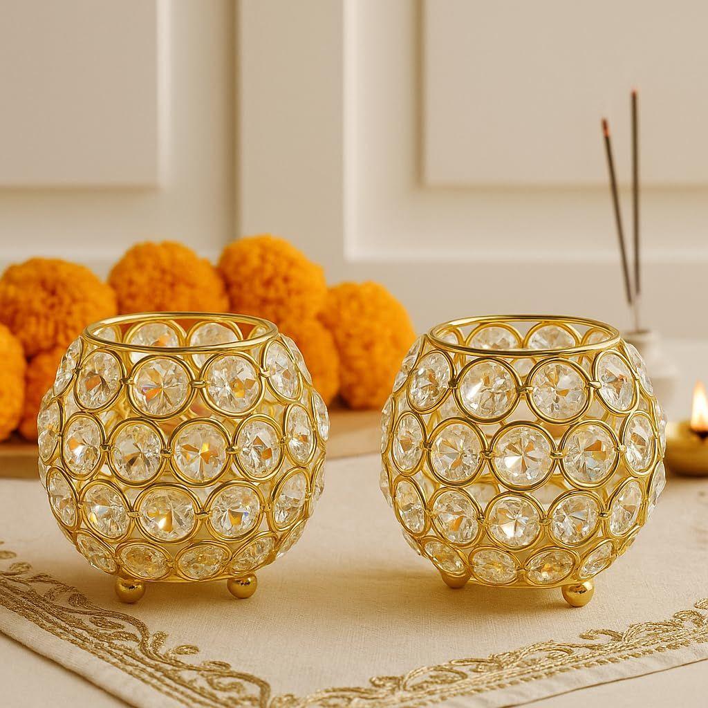 Pack of 2 Tea Light Crsytal Candle Holder - Pooja Diya Decoreation Items for Home Diwali Brass Puja Item Unique Christams Diwali Gift